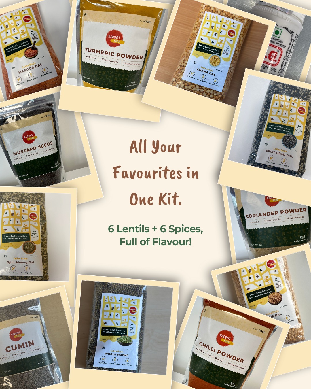 Collage of Indian Cooking Starter Kit with 6 lentils (toor, masoor, moong, chana, urad, whole green) and 6 spices (cumin, mustard, coriander, hing, chilli, turmeric), available in Ireland from Reddot Food.